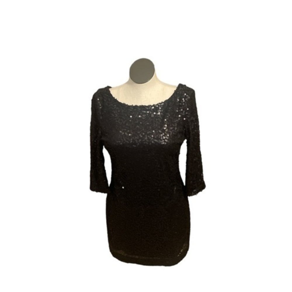 Jessica Howard evenings sequined black long sleeve body con scoop neckline Sz 10